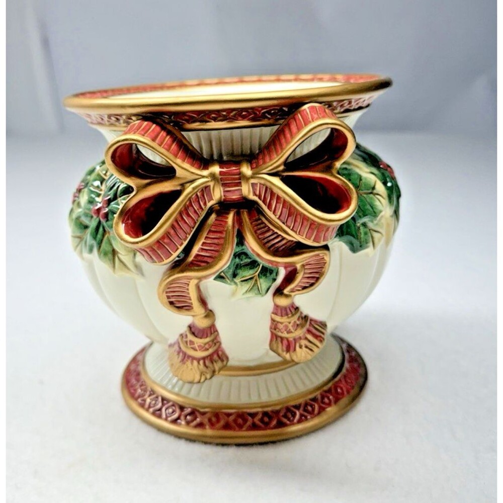 Fitz Floyd Noel Pillar Candle Holder Vintage 2000 Bow Holly Christmas 6"